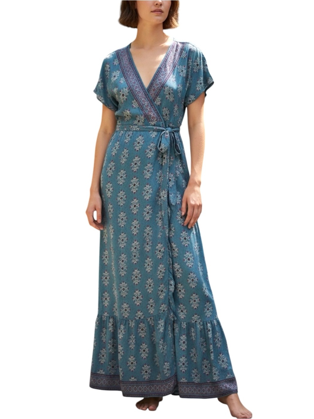 Natural Life Blue Floral Boho Maxi Wrap Dress, Flutter Sleeves - Extra Large